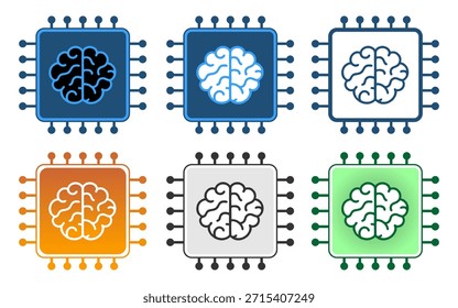 Ilustración vectorial plana moderna de un microchip de inteligencia artificial con un símbolo cerebral en el centro. Representa la tecnología de IA, el aprendizaje automático, las redes neuronales, el procesamiento de datos y la inteligencia digital. Aislado sobre fondo transparente, adecuado para la tecnología, la innovación y los conceptos futuros.