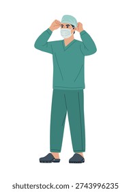 Modern flat vector illustration of an Asian male surgeon in dark green scrubs, adjusting surgical cap with mask lowered under chin, isolated on white background