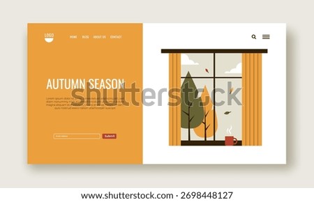 Modern flat vector illustration of an autumn season landing page design. Cozy Fall Window View with Trees, Leaves, and hot cocoa.