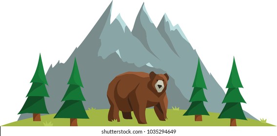 Modern flat vector illustration of bear in the mountains. Simple concept, gemoetric forms.