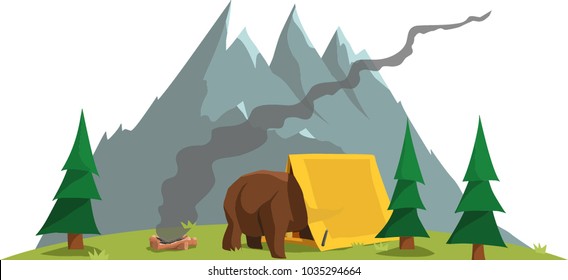 Modern flat vector illustration of bear breaking into tent in the mountains. Simple concept, gemoetric forms.