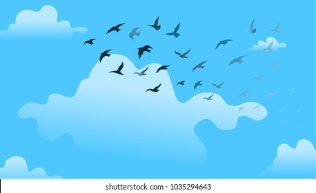 Modern flat vector illustration of birds flying in the sky.
