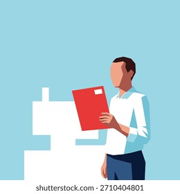 Modern flat vector illustration of a business man holding a red folder. Isolated on white background.