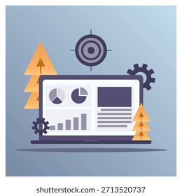 Moderna Ilustración vectorial plana de un panel de análisis de datos empresariales que se muestra en la pantalla de un ordenador portátil. La pantalla muestra múltiples infografías, Adecuado para presentaciones de negocios, informes de análisis