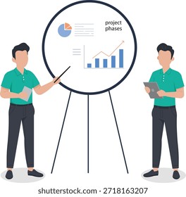 Modern flat vector illustration of business analysts researching data network and digital connectivity.