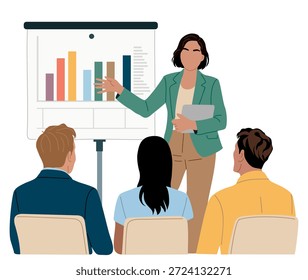 Moderna Ilustración vectorial plana de una presentación de negocios con una mujer presentando gráficos a un Pequeño equipo durante una reunión. Aislado en el fondo blanco