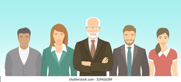 Modern flat vector illustration of business people teamwork, men and women, boss and employees in business suits. Group of business professionals horizontal banner. Start up concept 