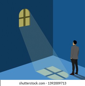 Modern flat vector illustration of a businessman, standing in an empty room and staring out of the window. Blue colored room and light coming in from the window.