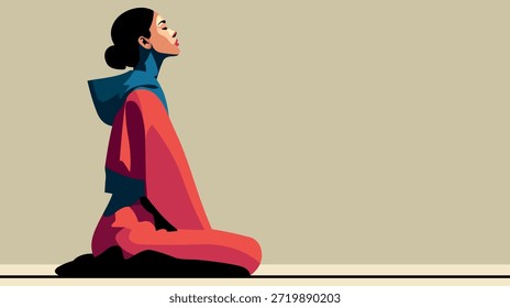 Moderna Ilustración vectorial plana de una mujer tranquila en pose de meditación sobre un fondo claro. Concepto de relajación, atención plena, belleza y equilibrio interior. Ideal para el Día Internacional de la Mujer, promociones de bienestar y spa, Anuncios de salón de belleza, conceptos de meditación y yoga, diseño de estilo de vida, carteles y fondos.