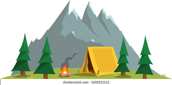 Moderna ilustración vectorial plana de fogata y tienda amarilla en un parque nacional en las montañas.