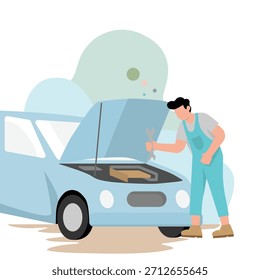 Moderna Ilustración vectorial plana de un mecánico de automóviles con una llave que inspecciona un motor de automóvil abierto. Diseño minimalista limpio con una paleta de colores pastel suave Ideal para servicios de mantenimiento automotriz y conceptos de reparación de vehículos.