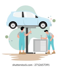 Moderna Ilustración vectorial plana de un mecánico de automóviles con una llave que inspecciona un motor de automóvil abierto. Diseño minimalista limpio con una paleta de colores pastel suave Ideal para servicios de mantenimiento automotriz y conceptos de reparación de vehículos.