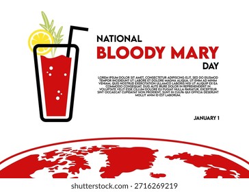 Moderna Ilustración vectorial plana celebrando el Día Nacional de María Sangrienta. El diseño presenta un vaso estilizado de cóctel Bloody Mary con apio, adorno de limón y paja, sobre un fondo blanco limpio con tipografía roja audaz y Elementos abstractos del mapa del mundo. Ideal para promociones navideñas, menús de bares, publicaciones en redes sociales, carteles, volantes y materiales de marketing de alimentos y bebidas.