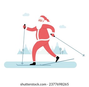 Modern flat vector illustration of cheerful Santa Claus skiing, wearing red clothes, xmas activity on winter background