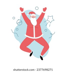 Moderna ilustración vectorial plana de alegres saltos de Santa Claus, usando ropas rojas, actividad de navidad en fondo ilustrativo