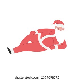 Modern flat vector illustration of cheerful Santa Claus laying down, wearing red clothes, xmas activity on white background