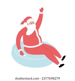 Moderne, flache Vektorgrafik des fröhlichen Weihnachtsmanns auf dem herunterrutschen und halten, mit roter Kleidung, Weihnachtsaktivität auf weißem Hintergrund