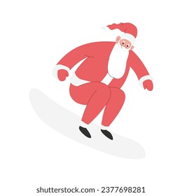 Modern flat vector illustration of cheerful Santa Claus surfing, wearing red clothes, xmas activity on white background