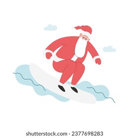 Modern flat vector illustration of cheerful Santa Claus surfing on a wave, wearing red clothes, xmas activity on illustrative background