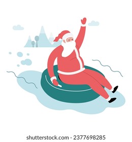 Modern flat vector illustration of cheerful Santa Claus on snow tubing sliding down on sloped holding, wearing red clothes, xmas activity on illustrative background