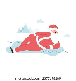 Modern flat vector illustration of cheerful Santa Claus laying down, wearing red clothes, xmas activity on winter background