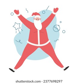 Moderne, flache Vektorgrafik fröhlicher Springen des Weihnachtsmanns, mit roter Kleidung, Weihnachtsaktivität auf illustrativem Hintergrund