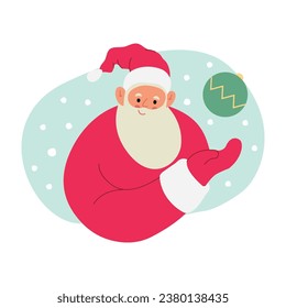 Modern flat vector illustration of cheerful Santa Claus, showing gesture on Christmas ball, wearing red clothes on xmas background 