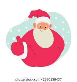 Modern flat vector illustration of cheerful Santa Claus, showing thumbs up gesture, wearing red clothes on xmas background 