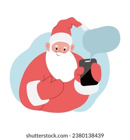Modern flat vector illustration of cheerful Santa Claus, showing smartphone with message bubble template, wearing red 