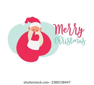 Modern flat vector illustration of cheerful Santa Claus, showing shh gesture with index finger near mouth, wearing red clothes, text Merry Christmas on xmas background 