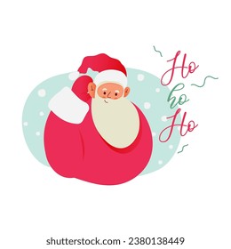 Moderna ilustración vectorial plana de alegre gesto de escucha de Santa Claus, con ropa roja, texto Ho Ho Ho Ho en el fondo de Navidad 