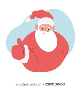 Moderna ilustración vectorial plana de Papá Noel alegre, mostrando gesto de pulgares hacia arriba, usando ropa roja