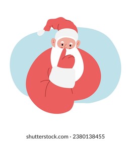 Modern flat vector illustration of cheerful Santa Claus, showing shh gesture with index finger near mouth, wearing red clothes