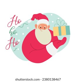 Modern flat vector illustration of cheerful Santa Claus, showing gesture on gift box, wearing red clothes, text Ho Ho Ho on xmas background 