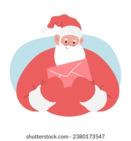 Moderne, flache Vektorgrafik des fröhlichen Weihnachtsmanns, mit beiden Händen umhüllt, mit roter Kleidung