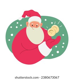 Modern flat vector illustration of cheerful Santa Claus, showing gesture on money coins, wearing red clothes on xmas background 