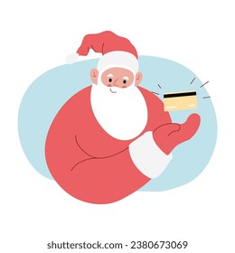 Modern flat vector illustration of cheerful Santa Claus, showing gesture on debit credit card, wearing red clothes 