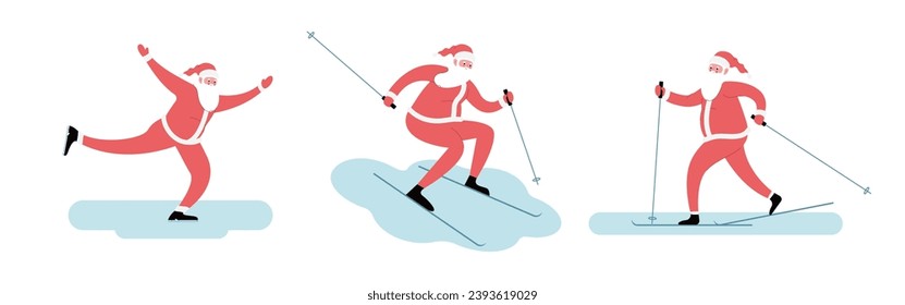 Modern flat vector illustration of cheerful Santa Claus skiing downhill,  ice skating, wearing red clothes, winter background