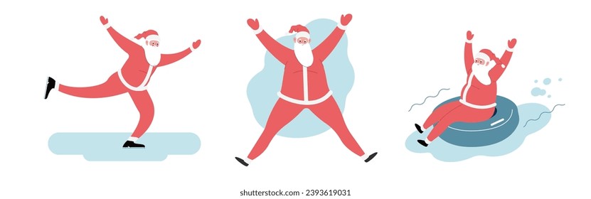 Modern flat vector illustration of cheerful Santa Claus ice skating, jumping, sliding down on snow tubbing, wearing red clothes, xmas activity on white background