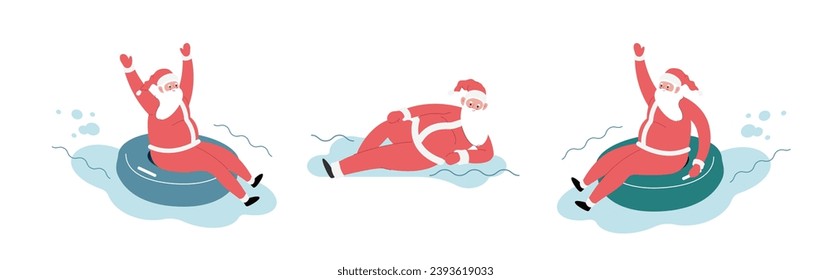 Modern flat vector illustration of cheerful Santa Claus on snow tubing sliding down on sloped holding, lying down, wearing red clothes, xmas activity on illustrative background