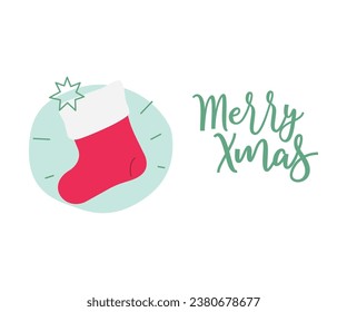 Modern flat vector illustration of Christmas sock, text Merry Xmas isolated on white background