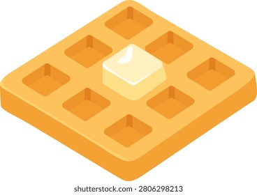 Modern flat vector illustration of a classic Belgian waffle topped with a pat of butter, isolated on a white background. Simple breakfast dessert icon suitable for menus, recipe books, food packaging, stickers, cafes and bakery design projects.