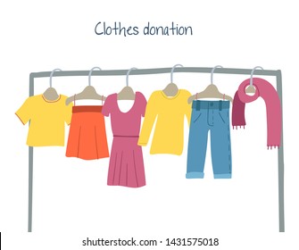 Modern flat vector illustration with clothes hangers.Clothes donation