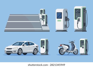 Colección de Ilustración vectorial plana moderna con estaciones de carga de vehículos eléctricos, equipo de cargador de VE, carga de automóviles eléctricos, carga de scooters eléctricos, infraestructura de carga de estacionamientos.