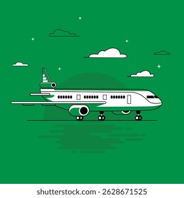 Ilustração de vetor plano moderno de avião comercial em cores verdes
