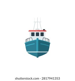 Modern flat vector illustration of a commercial fishing trawler vessel isolated on white background