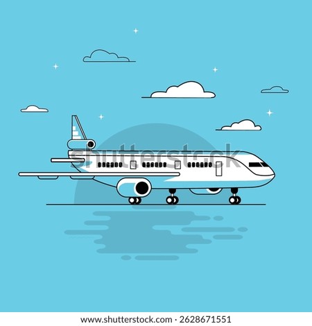 Modern Flat Vector Illustration of Commercial Airplane in Blue Colors