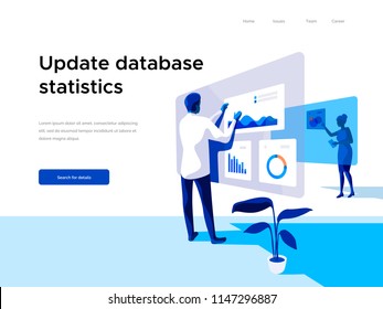 Modern flat vector illustration concept of people making web page design for website and interacting with graphs. Business and workflow management. Creative landing page design template.