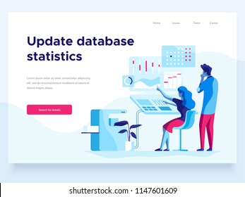 Modern flat vector illustration concept of people making web page design for website and interacting with graphs. Business and workflow management. Creative landing page design template.