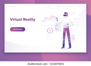 Modern flat vector illustration concept of virtual reality work and interacting with graphs and analytics. Business and workflow technical management. Creative landing page design template about vr.